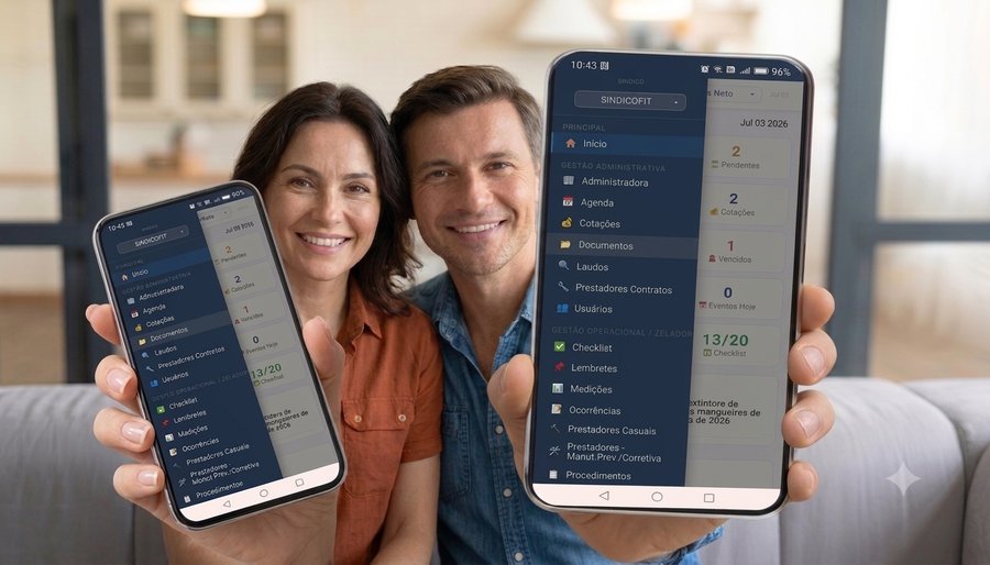 Casal mostrando o app SindicoFit em dois celulares